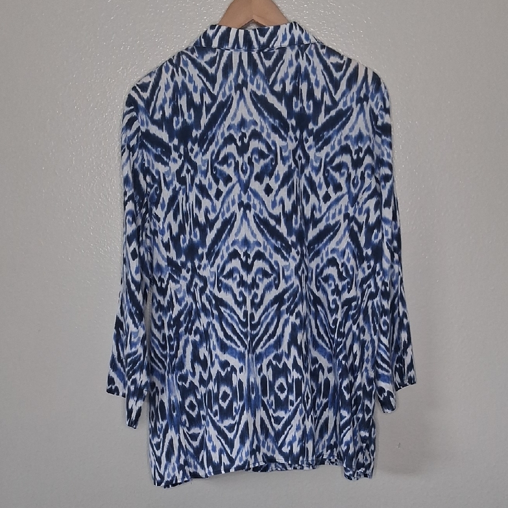 Chico's Linen Womens Tunic Button Shirt 3/4 Sleeve Blue White Abstract Size  XL - Picture 10 of 14